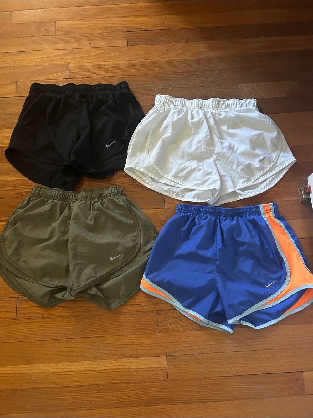 Nike womens Dri-FIT Running Shorts - Black, White, Olive, Blue/Orange